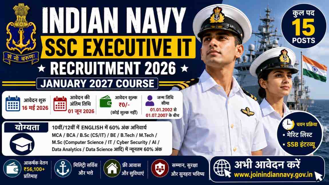 Indian Navy SSC Executive IT Recruitment 2026: 15 पदों पर भर्ती, IT Students के लिए सुनहरा मौका