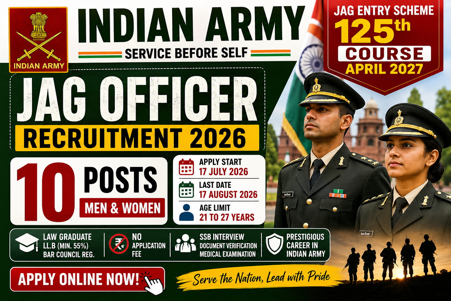 Indian Army JAG 125th Course April 2027 Recruitment 2026 Apply Online for 10 Posts