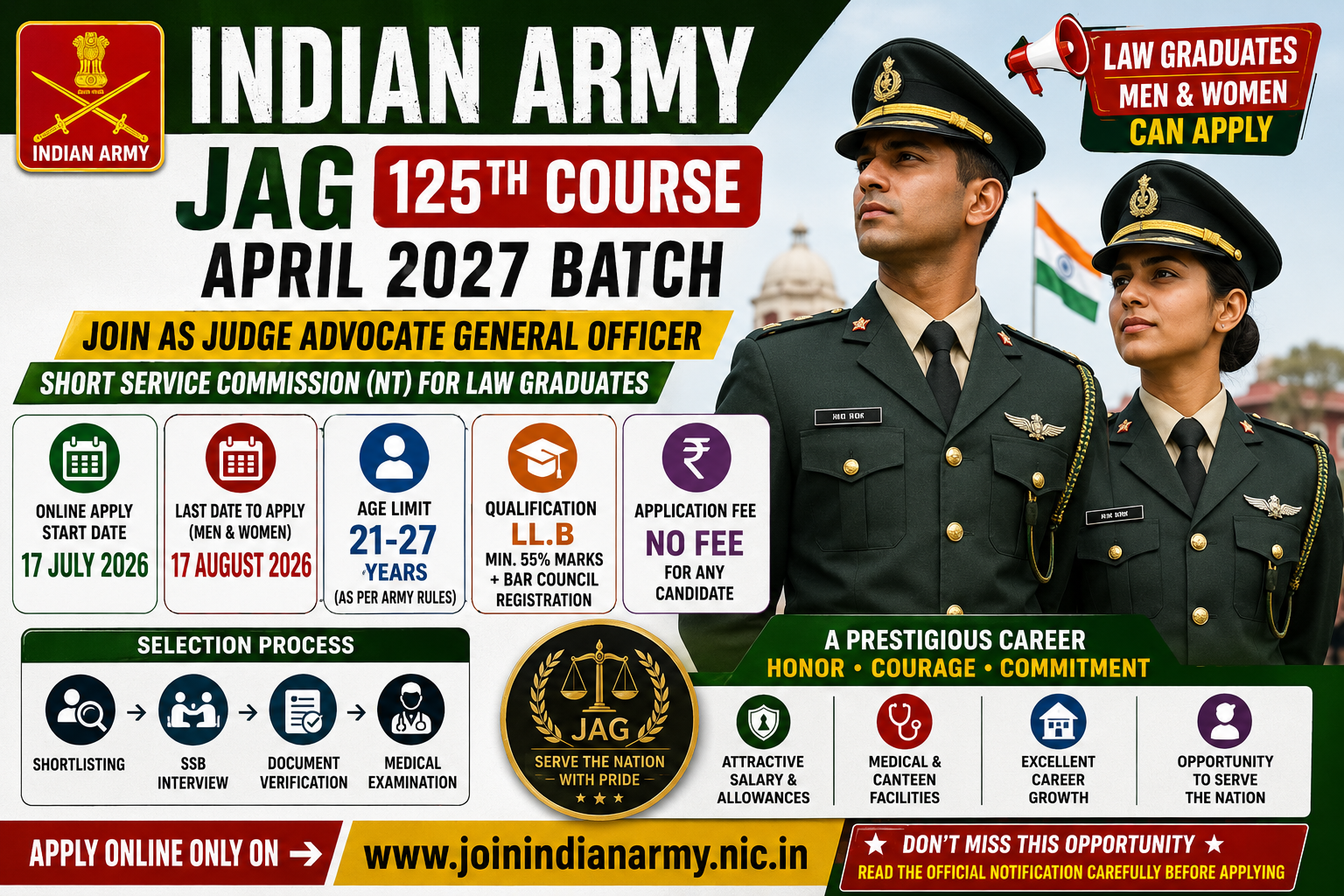 Post Date: July 11, 2026 1:03 pmGovernment & Public Sector Jobs Join Indian Army, has released a short notice on its official website for the recruitment of JAG Entry Scheme 125th Course April 2027 Batch Short Service Commission (NT) for Law Graduate (Men & Women).