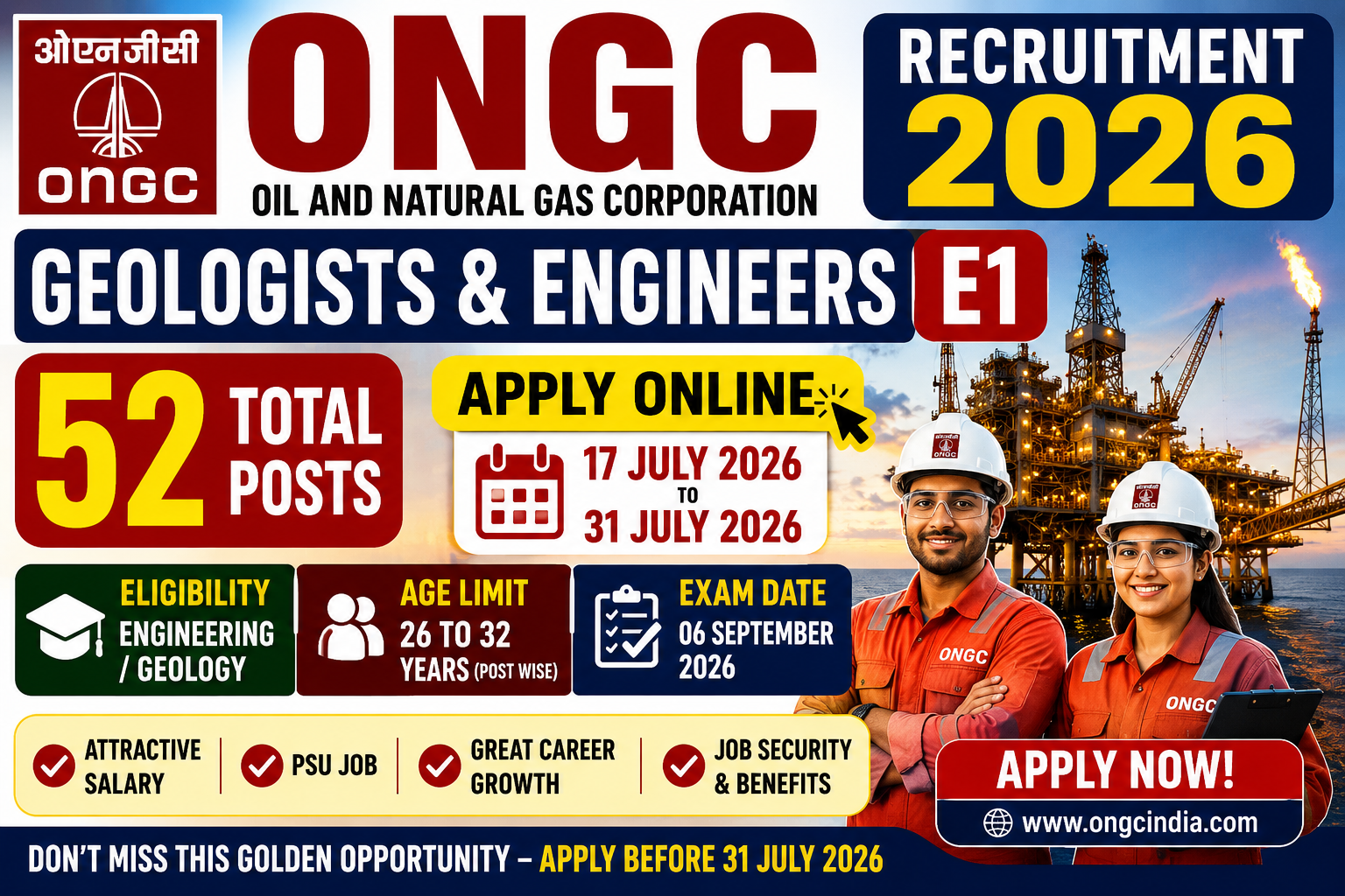 ONGC Geologists and Engineers E1 Recruitment 2026 Apply Online for 52 Posts